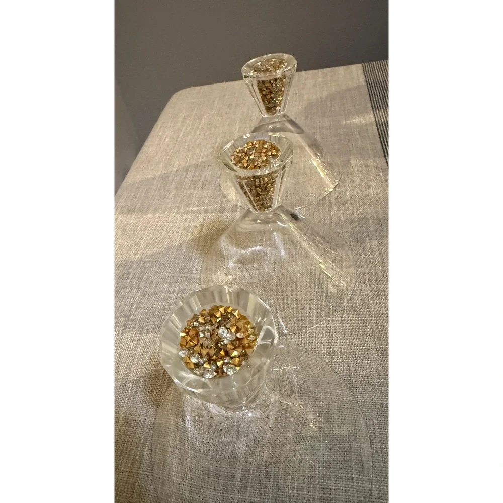 🍸✨ Set of 3 Martini Glasses w/ Gold & Clear Crystal-Style Filled Stems | 4.5”